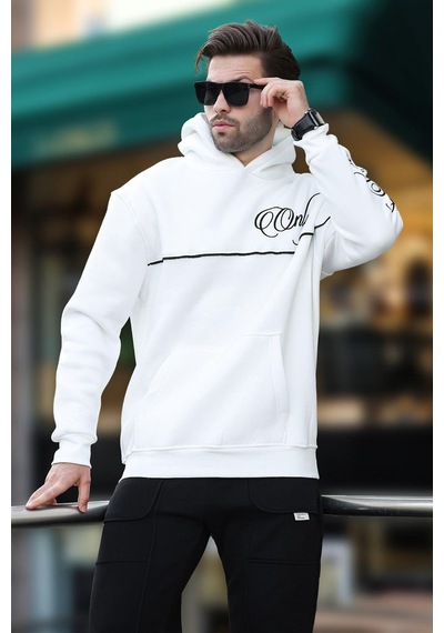 Madmext Ekru Kapüşonlu Şerit Detaylı Baskılı Erkek Sweatshirt 7091 Ekru