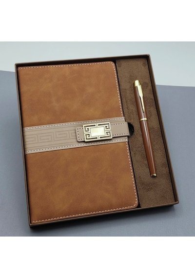 Mobgift Tarihsiz Metal Klipsli Ajanda Defter Kalem Set Kahverengi