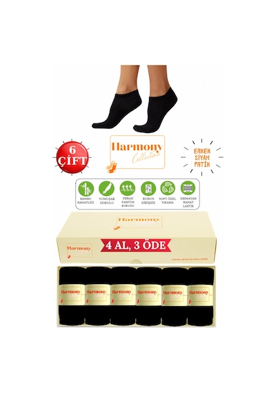 Harmony Collectıon Bambu Erkek Siyah Patik 6 Çift Özel Kutulu Burun Dikişsiz, Premıum Socks