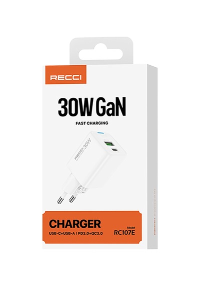 Recci Rc107e Type-c Pd & Usb-a Gan Teknolojili Hızlı Şarj Başlığı 30w Beyaz