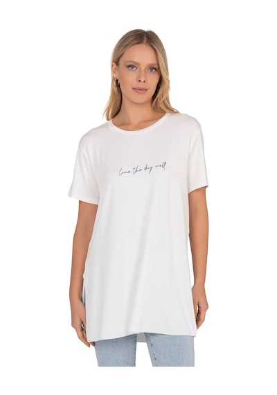 Kadın Oversize Basic Minimal Yazı Detaylı Bluz Ekru 27082 Ekru