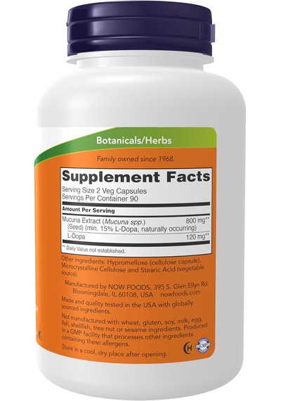 Now Foods Dopa Mucuna Standardized Mucuna Extract With Naturally Occurring 15% L-dopa 180 Veg Caps