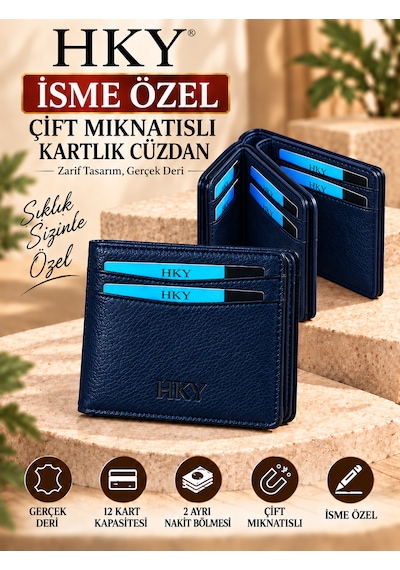 Hky İsme Özel Hakiki Deri Çift Mıknatıslı Erkek Cüzdan Kartlık Lacivert