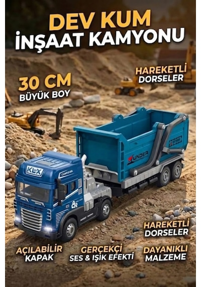 30 Cm Metal Kafa Sesli Işıklı İnşaat Kamyonu Oyuncak Tır - Hareketli Damperli Hafriyat Aracı