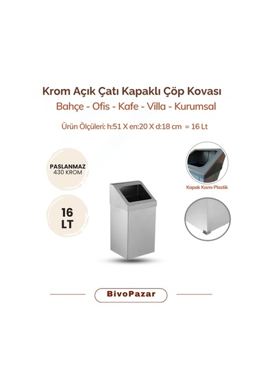 Krom Sallanır Çatı Kapaklı Çöp Kovası 16 Lt Krom