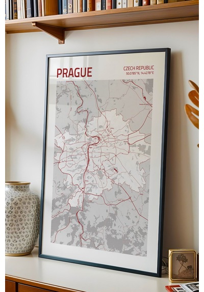 Prag Çekya Prague - Czech Haritası Çerçeveli Tablo Lüks Salon Duvar Dekorasyonu Hediyelik Tablo