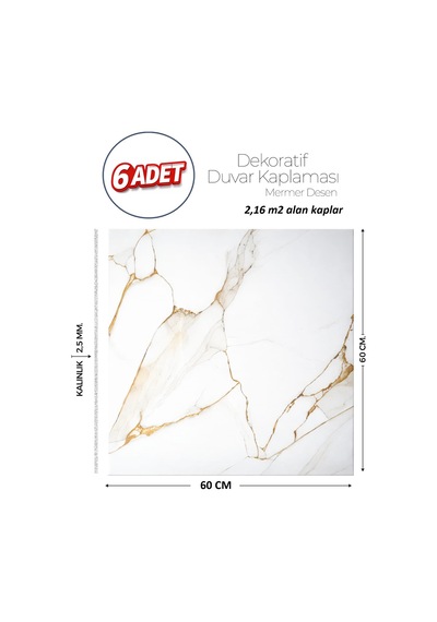 60x60 Cm Kendinden Yapışkanlı Duvar,banyo,tezgah Arası Beyaz-gold Mermer-6 Adet 9011-60-6