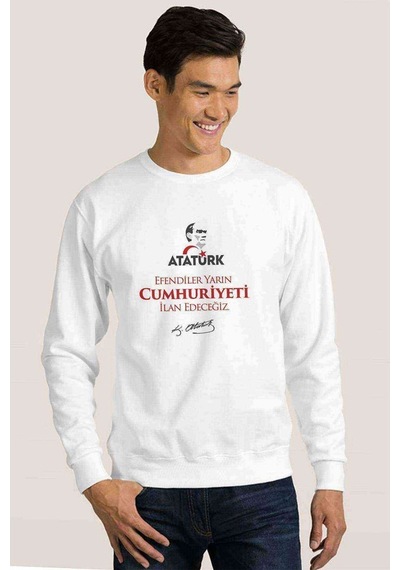 29 Ekim Cumhuriyetin İlanı Baskılı Beyaz Erkek Örme Sweatshirt