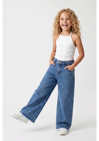 Joy Kids Kız Çocuk Boydan Taşlı Bilek Üstü Kot Pantolon 9-16yaş Mavi Açık Mavi