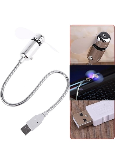 Usb Led Işıklı Mini Vantilatör Esnek Metal Gövde Masa Fanı Laptop, Powerbank Ve Adaptör Uyumlu-sl-uf02 Gri