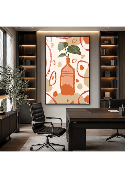Çiçekli Vazo Deseni Siyah Çerçeveli Cam Tablo
