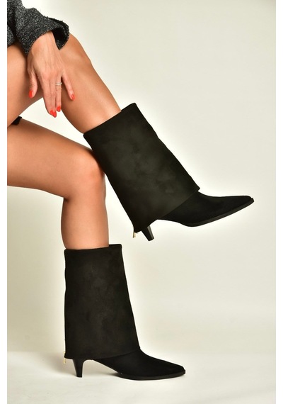 Fox Shoes Z820484202 Siyah Süet Kalın Topuklu Foldover Bot