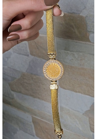 Kauçuklu Gold Simli Tuğralı Bileklik Sarı Altın