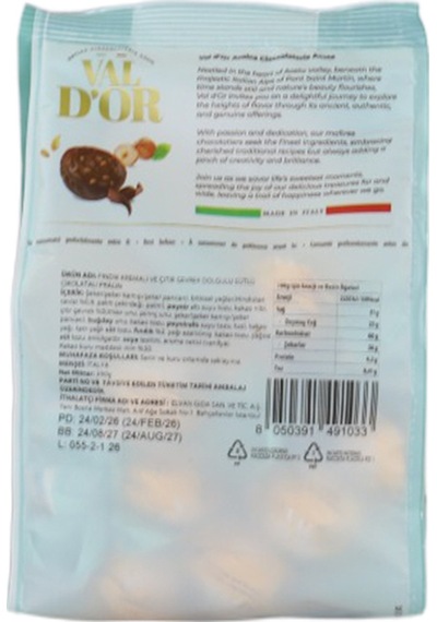 Val D Or Fındık Kremalı Ve Çıtır Gevrek Dolgulu Çikolata 250 Gr. 1 Yeşil Poşet