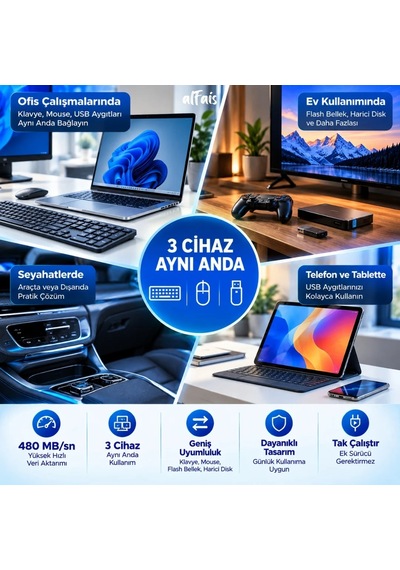 Lunatic 1261 Usb Çoklayıcı 3 Port Hub Adaptör 3.0 Ve 2.0 Örgülü Çevirici Kablo Çoğaltıcı