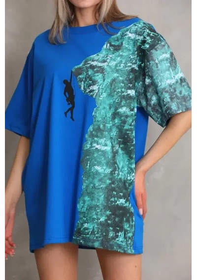 Unisex Bisiklet Yaka Baskılı Oversize T-shirt - Mavi Mavi