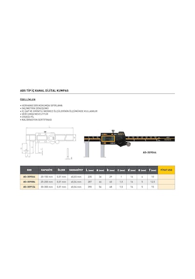 Fett 20-150mm Asimeto Abs Tip İç Kanal Dijital Kumpası As-309064