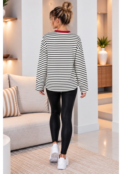 Lima Pembe Kadın Çizgili Sweatshirt Kırmızı Yaka Detaylı Yazı Baskılı Oversize Uzun Kollu Sweat Lima Pembe Kadın Çizgili Sweatshirt Kırmızı Yaka Detaylı Yazı Baskılı Oversize Uzun Kollu Sweat