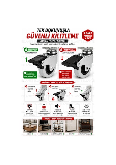 4 Adet Frenli Döner Tablalı 50 Mm Bilyalı Mobilya Tekeri 360 Döner Masa Dolap Sehpa Tekeri Ağır Yük Çok Renkli