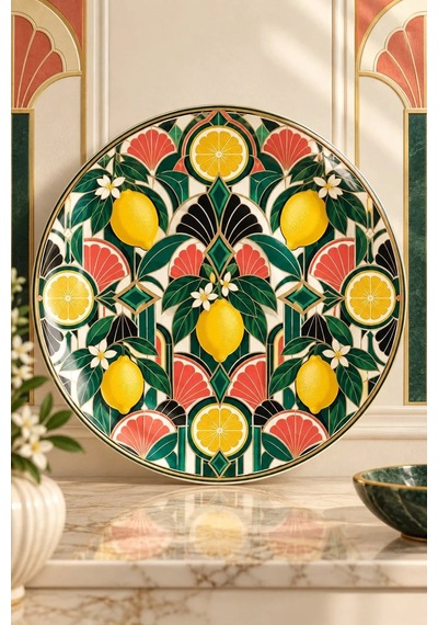 Dekoratif Duvar Tabağı Limonlu Art Deco Bahçe Dekorlu Seramik Tabak Lacivert