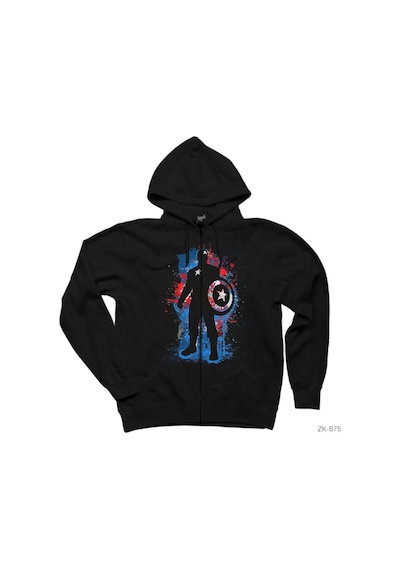 Captain America Stencil Siyah Fermuarlı Kapşonlu Sweatshirt Siyah