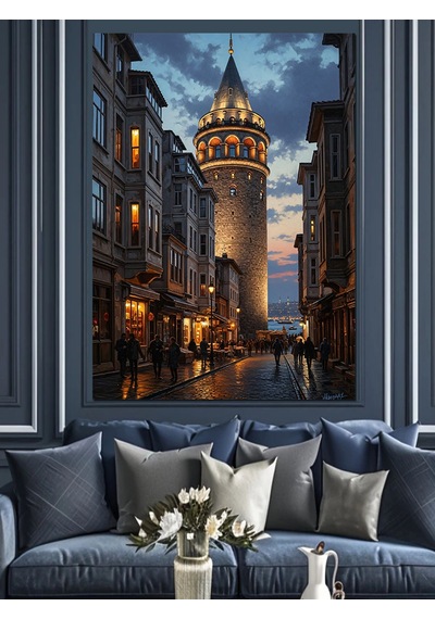 Ahşap Tablo Gece Galata Kulesi Sokağı