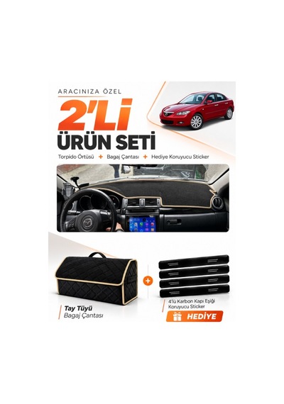 E-biz Mazda 3 2003-2009 Uyumlu Torpido Örtüsü + Tay Tüyü Bagaj Çantası Seti - Siyah-bej - Ma001