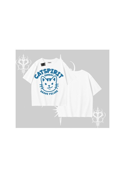 Tarzsokak Catspirit Sunday Brave Feline Yazılı Kedi Baskılı Oversize Tshirt Beyaz