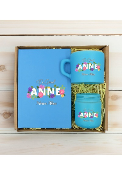 Bk Gift Kişiye Özel İsimli Dtf Anne Temalı Turkuaz Defter & Kahve Fincanı & Mum Hediye Seti-3, Anneye Hediye, Anneler Günü Hediyesi Kobitmeyencom30821