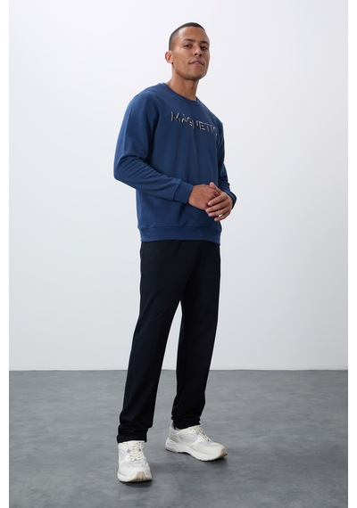 Tommy Life İndigo Yazı Nakışlı O Yaka Rahat Form İçi Polarlı Erkek Sweatshirt - 88020 Indıgo