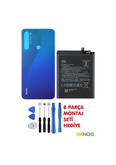Xiaomi Redmi Note 8 Uyumlu Arka Cam Kapak Batarya Pil Kapağı Mavi + Note 8 Batarya Pil Bn46