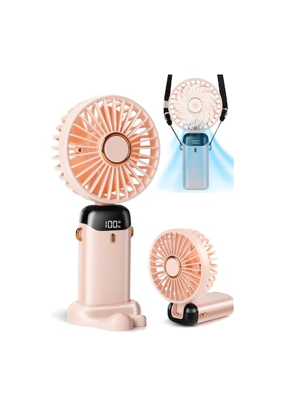 Lcd Ekranlı Şarjlı El Fanı Mini Vantilatör 5 Kademe Sessiz Boyun Askılı Pembe Fan