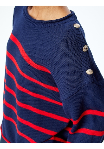 Koton Düğme Detaylı Çizgili Oversize Triko Kazak Kırmızı Çizgili 5wak90761ht