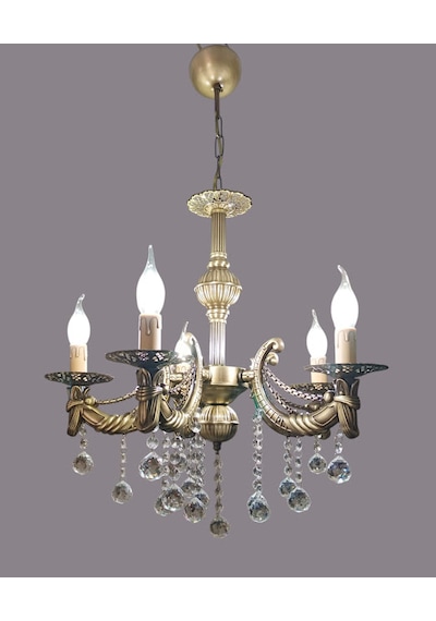 Kristal Top Taşlı Zincirli Kollu Eskitme Kaplamalı Metal Avize
