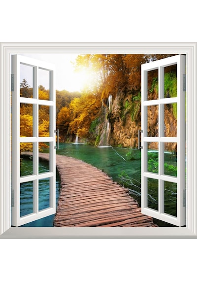 Pencere Poster Duvar Kağıdı Şelale Yol Yapışkanlı Sticker