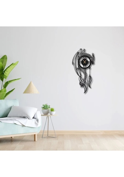 Metal Duvar Saati Mitolojik Ejderha Detaylı Dekoratif Saat Siyah-52 X 52