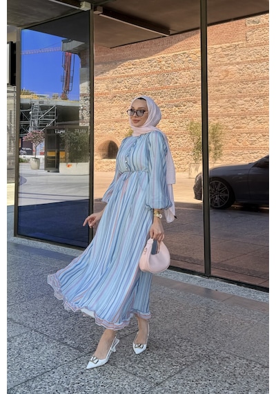 Riella Butik Nelia Düğme Detaylı Balon Kol Tesettür Elbise Mavi