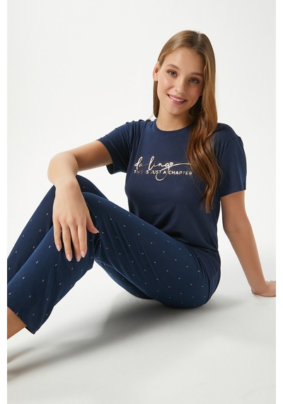 Ritnice Kadın Darling Yumuşak Doku Lacivert Bisiklet Yaka Kısa Kollu Alt Üst Pijama Takımı Lacivert