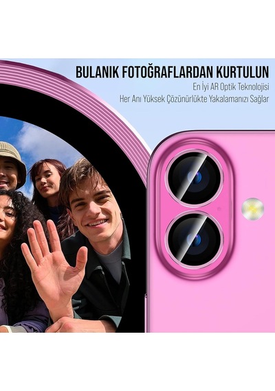 Apple Uyumlu iPhone 16 Plus Raze Metal Kamera Lens Koruyucu Pembe