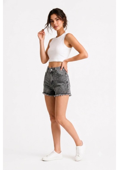Layal My Beauty Lmb Kadın Jeans Yüksek Bel Likralı Paçası Püsküllü Denim Kot Şort Yeni Sezon New1 Füme