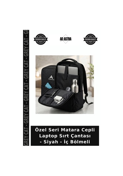 Grey Cat Özel Seri Matara Cepli Laptop Sırt Çantası - Siyah - İç Bölmeli