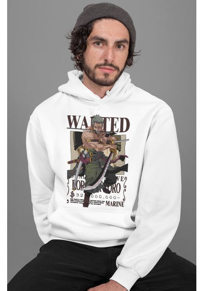 Sevbano Wanted Roronoa Zoro Baskılı Unisex Oversize One Piece Anime Hoodi beyaz