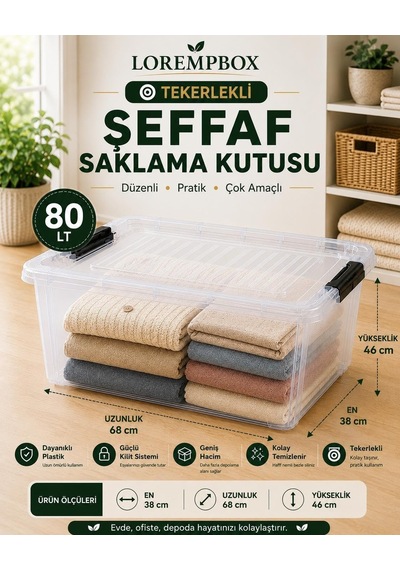 Lorempbox 80 Lt Tekerlekli Şeffaf Saklama Kutusu 2'li Set Diğer