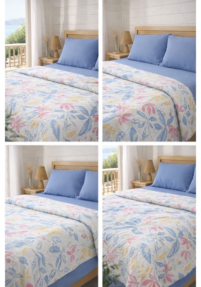 Faralya Life Baskılı Çift Kişilik Pike Takımı 200x220 Cm Pike 240x260 Çarşaf 2 Adet 50x70 Yastık Kılıfı %100 Pamuk Yumuşak Dokulu Yatak Örtüsü Seti Mavi