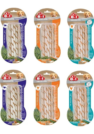 8in1 Delights 3 Çeşit Karma Twisted Sticks Burgu Köpek Ödülü 55 Gr. X 6 Paket