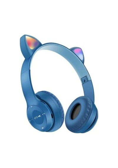 P47m Kedili Katlanabilir Kulak Üstü Kablosuz Bluetooth 5.0 Kulaklık Ledli Genç Kız Mavi
