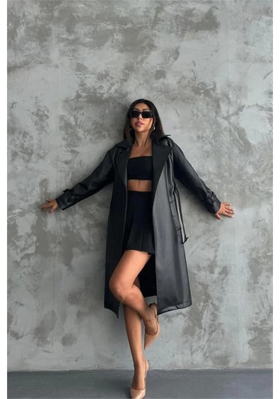 Dip Moda Neşeli Butik Kadın Marilyn Siyah Suni Deri Trençkot Nbmylk21