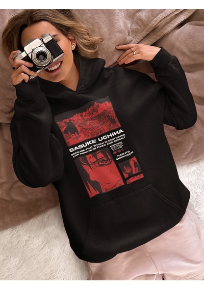 Sevbano Sasuke Uchiha Naruto Shippuden Baskılı Unisex Oversize Anime Kara Siyah