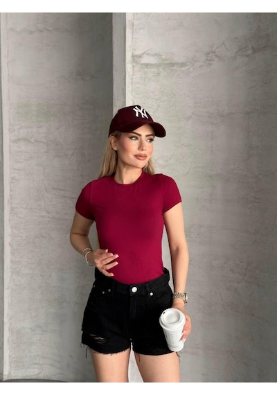 Kadın Basic Bisiklet Yaka Slim Fit Body Kısa Kol Günlük Body Bordo