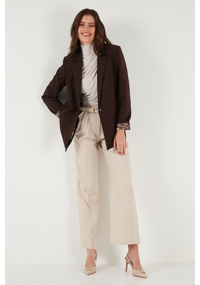 Lela Standart Fit Mono Yaka Desenli Astar Detaylı Blazer Bayan Ceket 6524003 Kahve